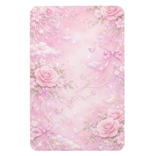 Dreamy Pink Rose Floral Pearls Bows Sparkles Magnet (Vertikal)
