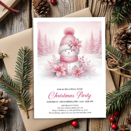 Dreamy Pink Snowman Digital Christmas Invite Einladung