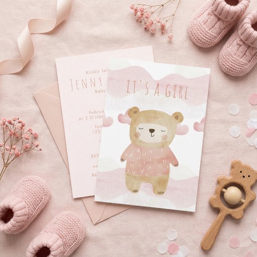 Dreamy Pink Teddy Bear Baby Dusche ist ein Mädchen Einladung