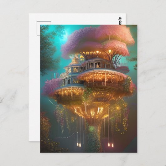 Dreamy Pink Treehouse Digitale Kunst Postkarte (Vorne/Hinten)