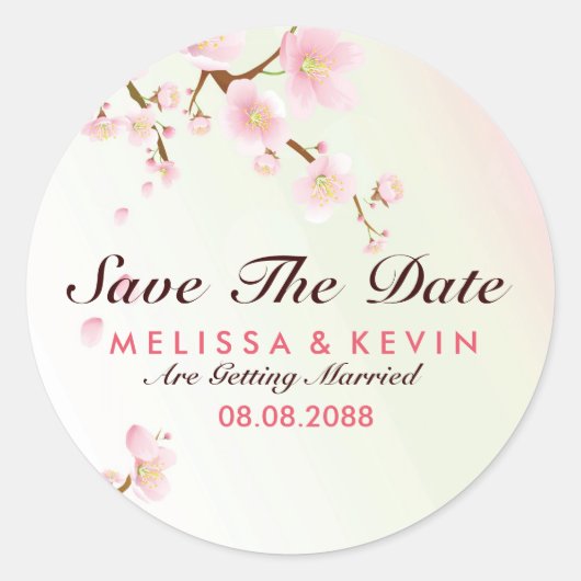 Dreamy Pink & White Cherry Blossom Save the Date Runder Aufkleber (Vorderseite)