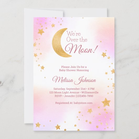 Dreamy Pink Wir sind über der Mond Girl Babydusche Einladung (Vorderseite)