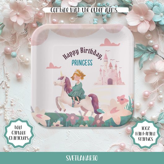 Dreamy Princess Riding Unicorn Square Papierplatte Pappteller