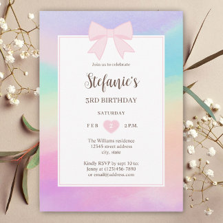 Dreamy Rainbow Watercolor Pink Bow Girl Birthday Einladung