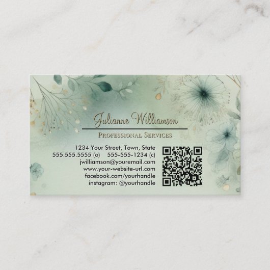 Dreamy Sage Green & Gold Watercolor QR Code Visitenkarte (Vorderseite)