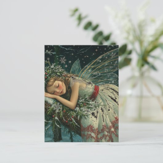 Dreamy Snow Fairy mit Flügeln in Forest Winter Postkarte (Stehend Vorderseite)