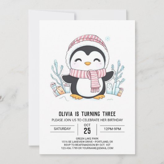 Dreamy Snowflake Pinguin Digital Geburtstag Einladung (Vorderseite)
