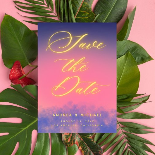 Dreamy Sunset Sky & Neon Foto QR Code Wedding Save The Date