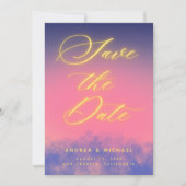 Dreamy Sunset Sky & Neon Foto QR Code Wedding Save The Date (Vorderseite)