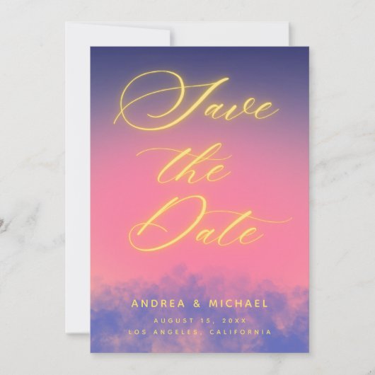 Dreamy Sunset Sky & Neon Foto QR Code Wedding Save The Date (Vorderseite)