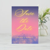 Dreamy Sunset Sky & Neon Foto QR Code Wedding Save The Date (Stehend Vorderseite)
