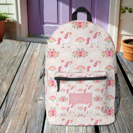 Dreamy Unicorns, Regenbogen, Blume, Name Bedruckter Rucksack