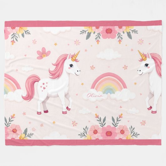Dreamy Unicorns, Regenbogen, Blume, Niedlich Fleecedecke (Vorderseite (Horizontal))