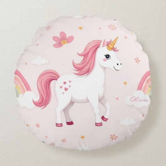 Dreamy Unicorns, Regenbogen, Blume, Niedlich Rundes Kissen (Vorderseite)