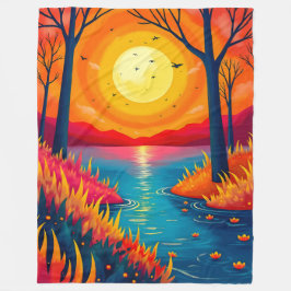 Dreamy Vibrant Sunset Lake Forest Illustration Fleecedecke