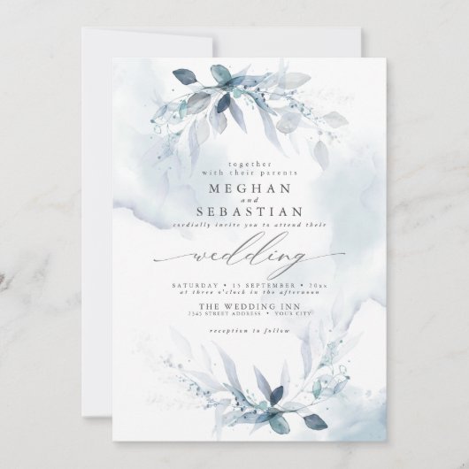 Dreamy Wedding Watercolor Dusty Blue Einladung (Vorderseite)