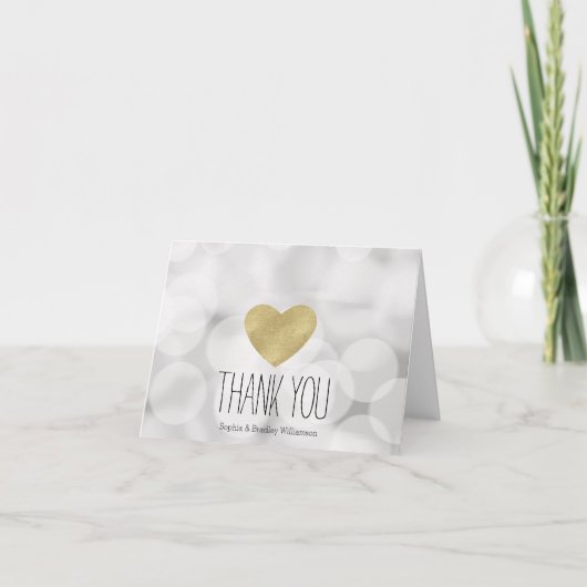 Dreamy White Bokeh Gold Herz Vielen Dank Dankeskarte (Vorderseite)