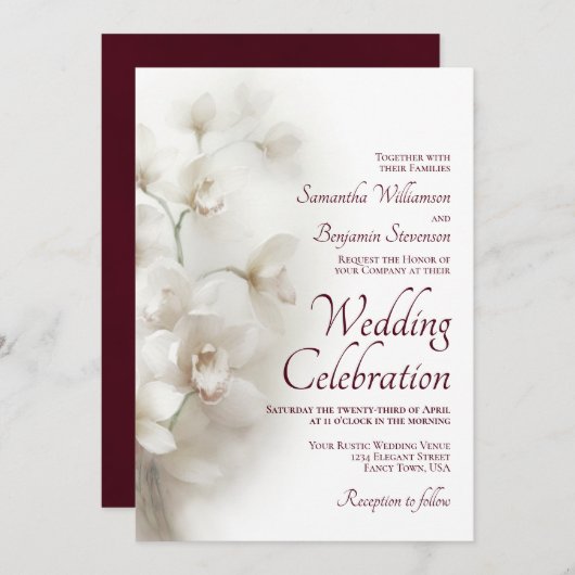 Dreamy White Orchids Elegante Burgundy Wedding Einladung (Vorne/Hinten)