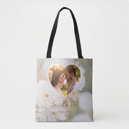 Dreamy White Rose Custom Foto Wedding Names Tasche (Vorderseite)