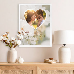 Dreamy White Rose Heart Foto Hochzeitsfeier Poster