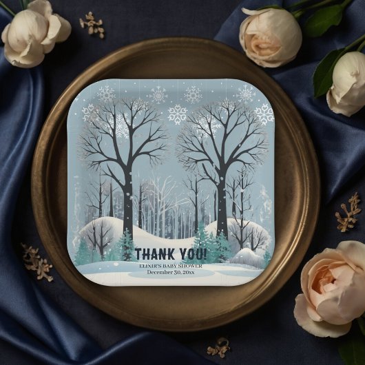 Dreamy Winter Forest Snowflakes Babydusche Pappteller