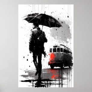 Dreary Bus Stopp Painting Poster