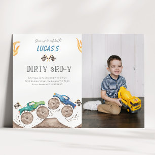 Dreckiger 3-Jahre Monster Truck 3. Geburtstagsfoto Einladung