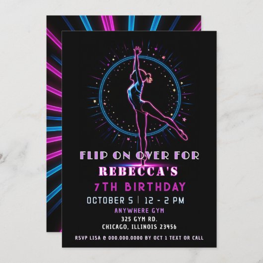Dreh über Spaß Neon Gymnastik Geburtstag Einladung (Vorne/Hinten)