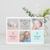 Drehbuch 3 Foto Collage Baby Zwillinge Geburt Ankündigung (Stehend Vorderseite)