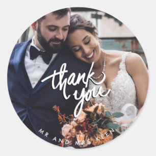 Drehbuch Hochzeit Herr und Frau Foto Danke Favor Runder Aufkleber