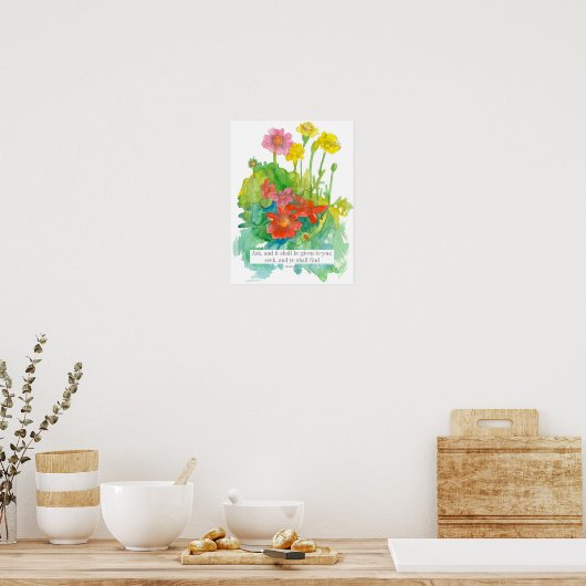 Drehbuch Matthew 7:7 Bibelverse Zinnia-Blume Poster (Küche)
