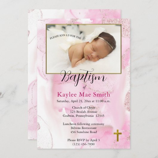 Drehende und wirbelnde rosa Wolken Taufe Einladung (Vorne/Hinten)