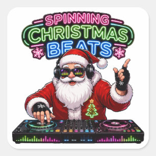Drehende Weihnachts-Beats DJ Santa Neonlichter Quadratischer Aufkleber