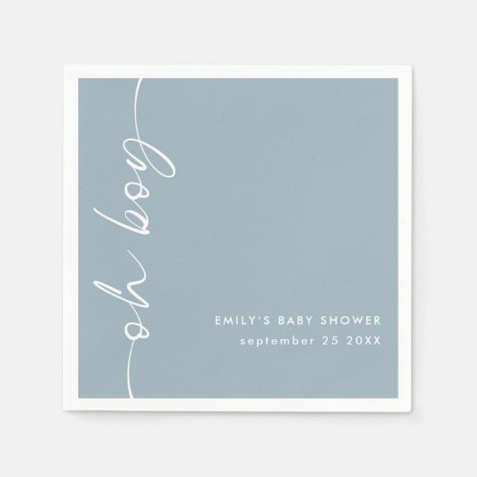 Drehter Skriptname Dusty Blue Oh Boy Baby Shower Serviette (Vorderseite)