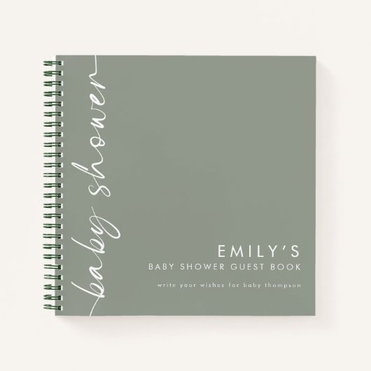 Drehtes Script-Sage Green Baby Shower Gästebuch Notizblock (Vorderseite)