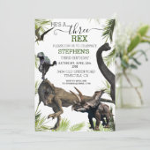 Drei 3 Dinosaurier Tyrannosaurus Dritter Geburtsta Einladung (Stehend Vorderseite)