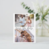 Drei 3 Foto Minimalistisches Skript Save the Date Postkarte (Stehend Vorderseite)
