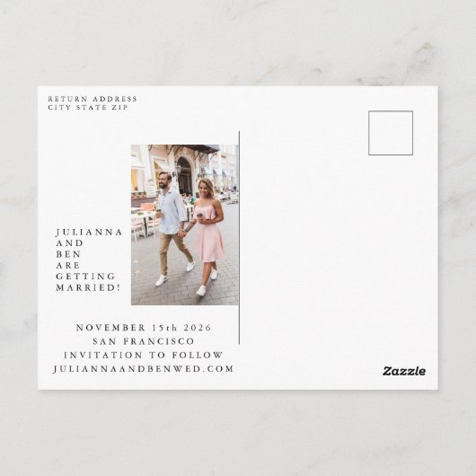 Drei 3 Foto Minimalistisches Skript Save the Date Postkarte (Rückseite)