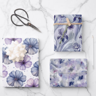 Drei abstrakte florale Wasserfarben Lavendel Blau Geschenkpapier Set