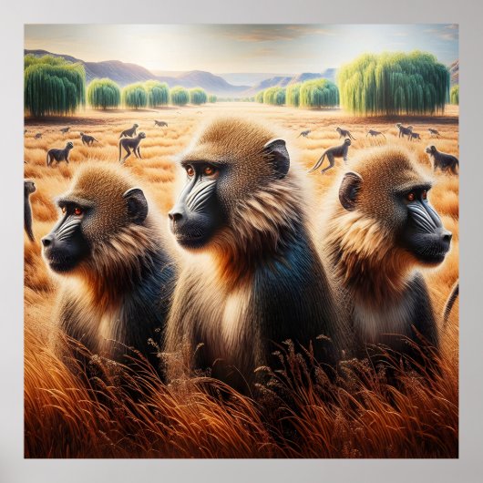 Drei Affen auf der Wiese Poster (Vorne)