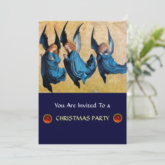 DREI ANGELN IN BLAU, rot ruby, Filzpapier Einladung (Stehend Vorderseite)