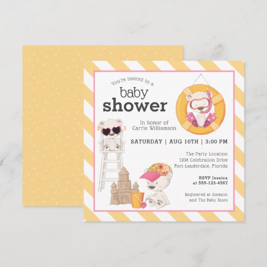 Drei Bären auf der Beach Baby Dusche für Mädchen Einladung (Vorne/Hinten)