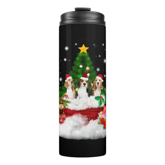 Drei Beagle Weihnachtsmann mit Christbaum Thermosbecher (Vorderseite)