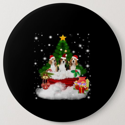 Drei Beagle Weihnachtsmann mit Weihnachtsbaum Button (Vorderseite)
