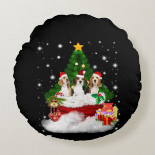 Drei Beagle Weihnachtsmann mit Weihnachtsbaum Rundes Kissen