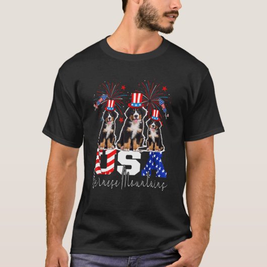 Drei Bernese Mountains Amerikanische Flagge Feuer T-Shirt (Vorderseite)
