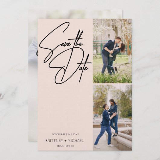 Drei-Bild-Collage mit Handschrift Rosa Save The Date (Vorne/Hinten)