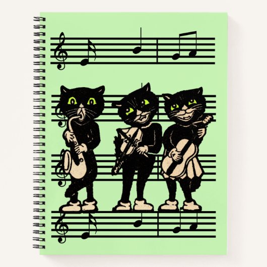 Drei Black Cat Musicians auf Sheet Music Green Notizblock (Vorderseite)