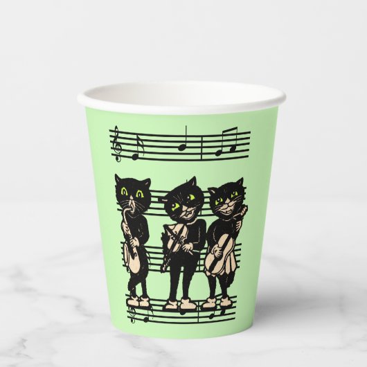 Drei Black Cat Musicians auf Sheet Music Green Pappbecher (Vorderseite)