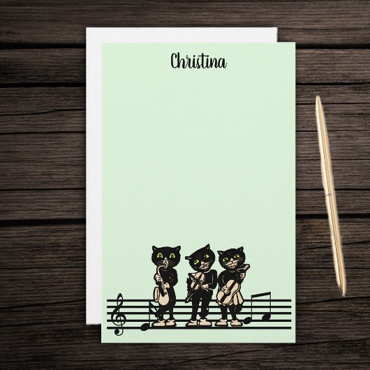 Drei Black Cat Musicians Music Instruments Green Briefpapier